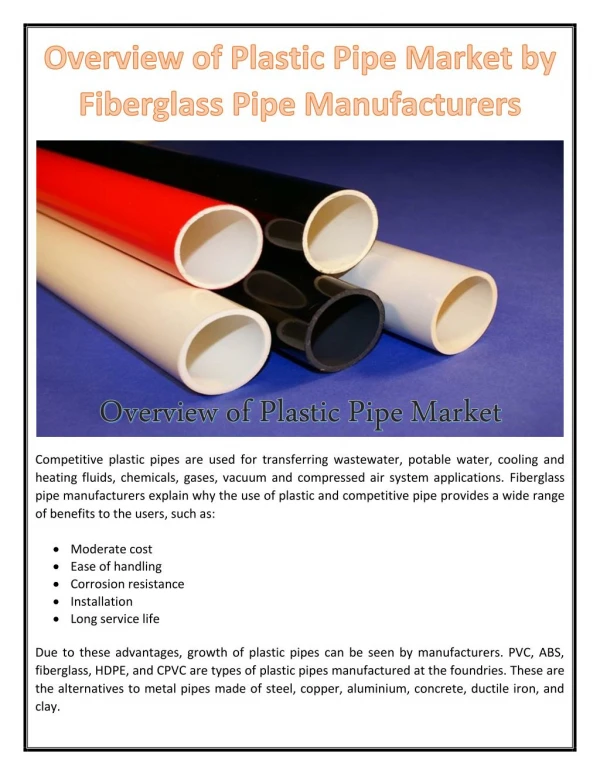 Overview of Plastic Pipe Market by Fiberglass Pipe Manufacturers