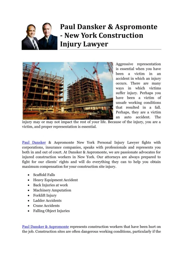 Paul Dansker & Aspromonte - New York Construction Injury Lawyer