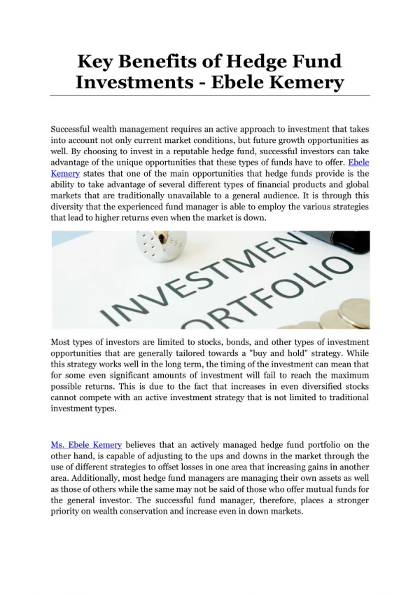 Key Benefits of Hedge Fund Investments - Ebele Kemery