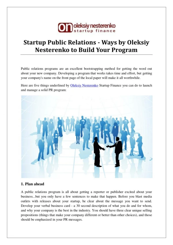 Startup Public Relations - Ways by Oleksiy Nesterenko to Build Your Program
