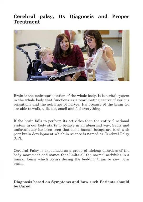 Cerebral palsy, Its Diagnosis and Proper Treatment