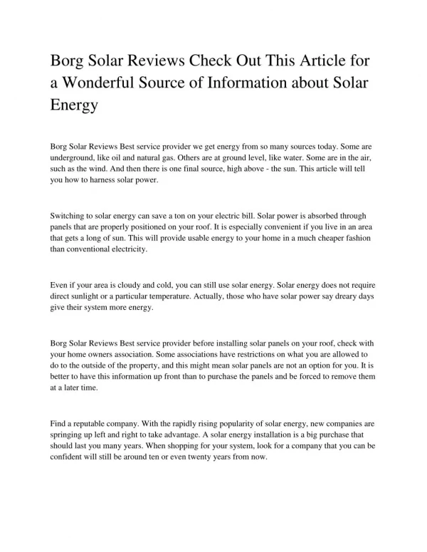 Borg Solar Reviews Check Out This Article for a Wonderful Source of Information about Solar Energy