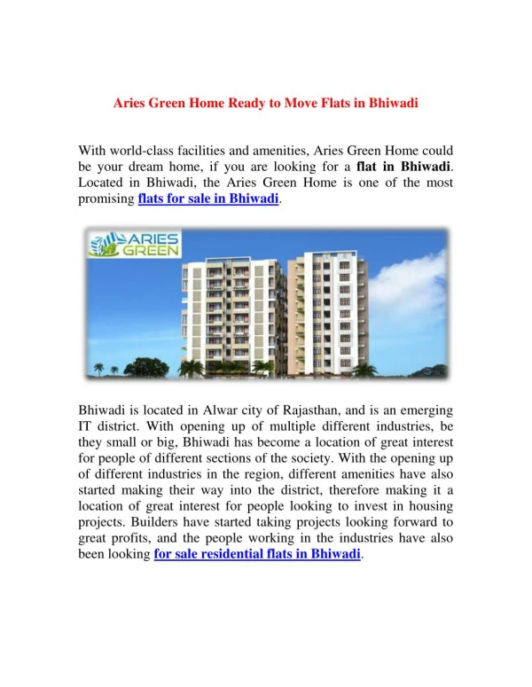 Aries Green Home Ready to Move Flats in Bhiwadi