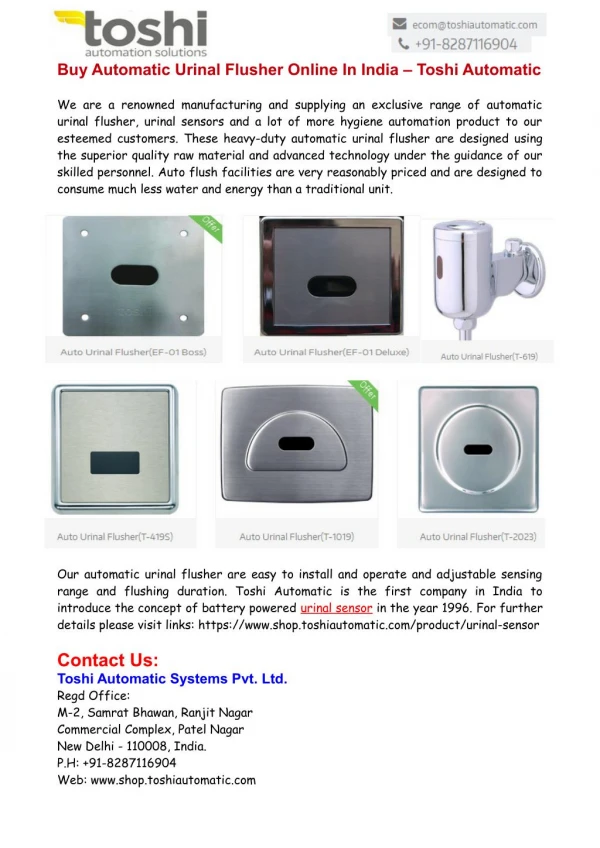 Buy Automatic Urinal Flusher Online In India – Toshi Automatic