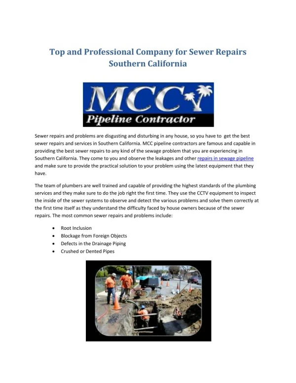 Top and Professional Company for Sewer Repairs Southern California