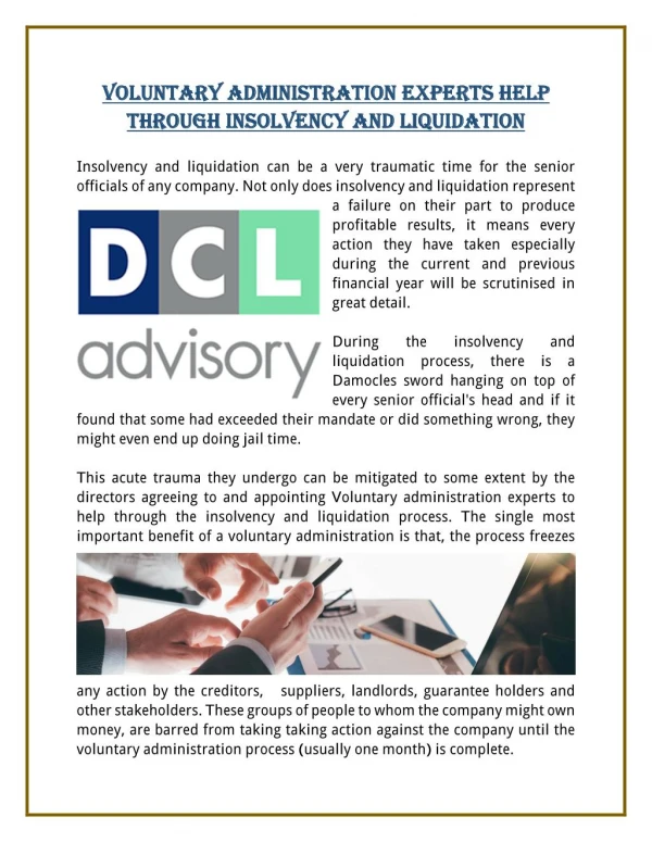 Voluntary Administration Experts Help Through Insolvency And Liquidation