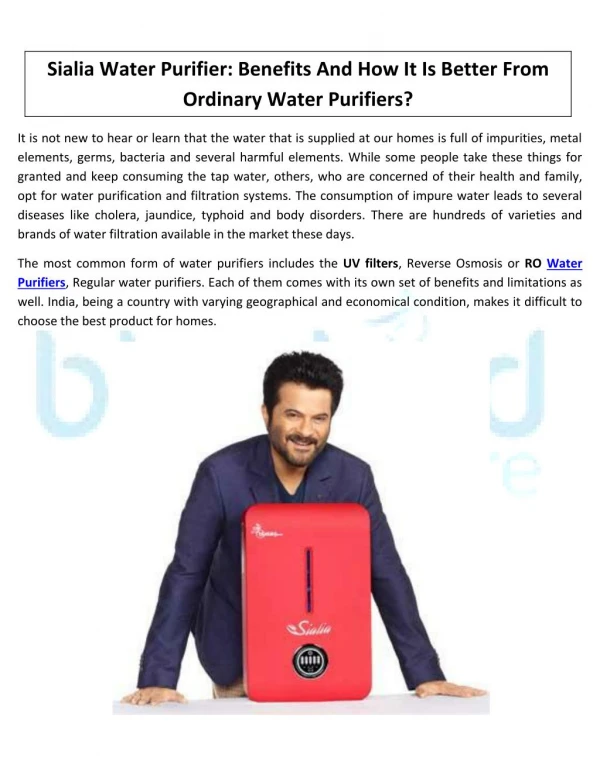 Sialia Water Purifier- How It Is Better From Ordinary Water Purifiers?