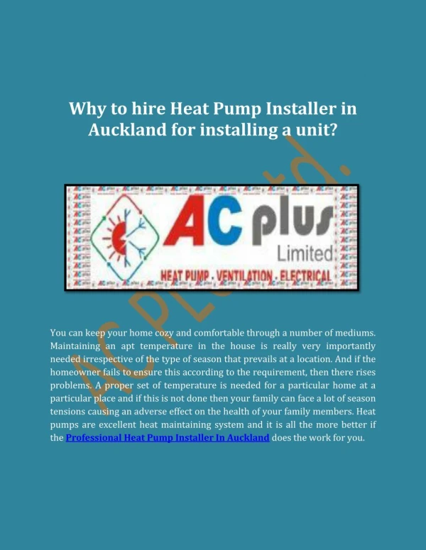 Why to hire Heat Pump Installer in Auckland for installing a unit