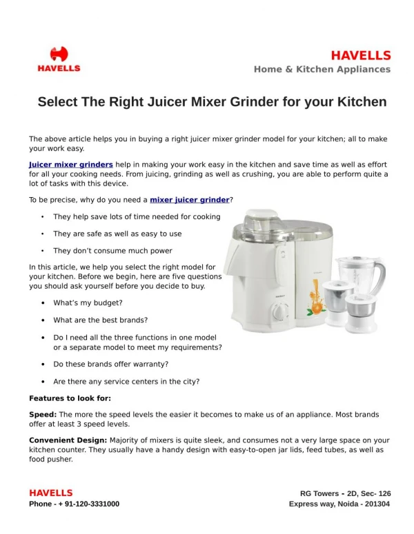 Select The Right Juicer Mixer Grinder for your Kitchen