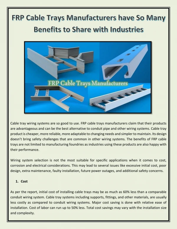 FRP Cable Trays Manufacturers have So Many Benefits to Share with Industries
