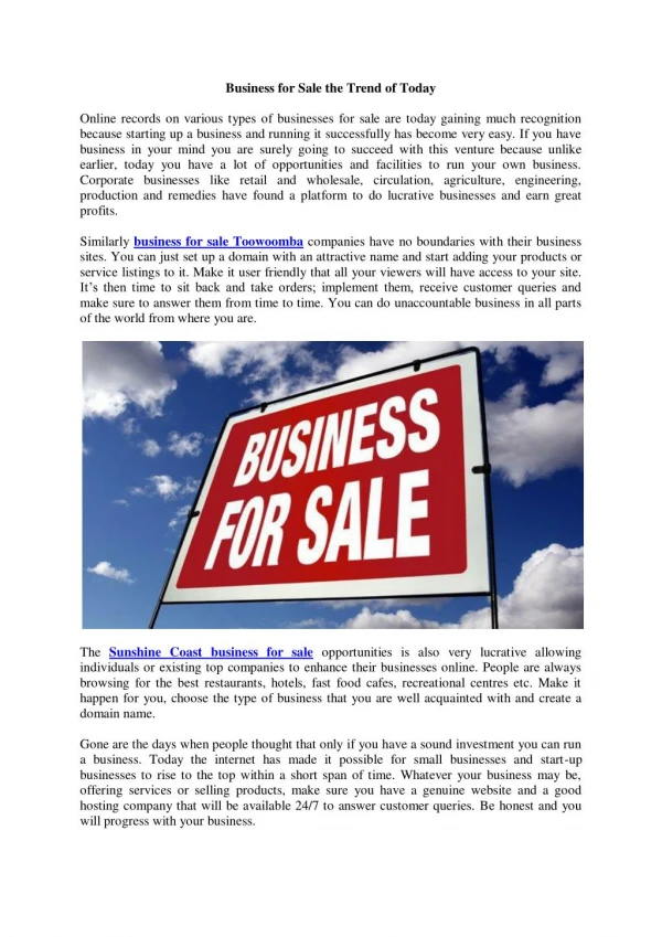 Business for Sale the Trend of Today