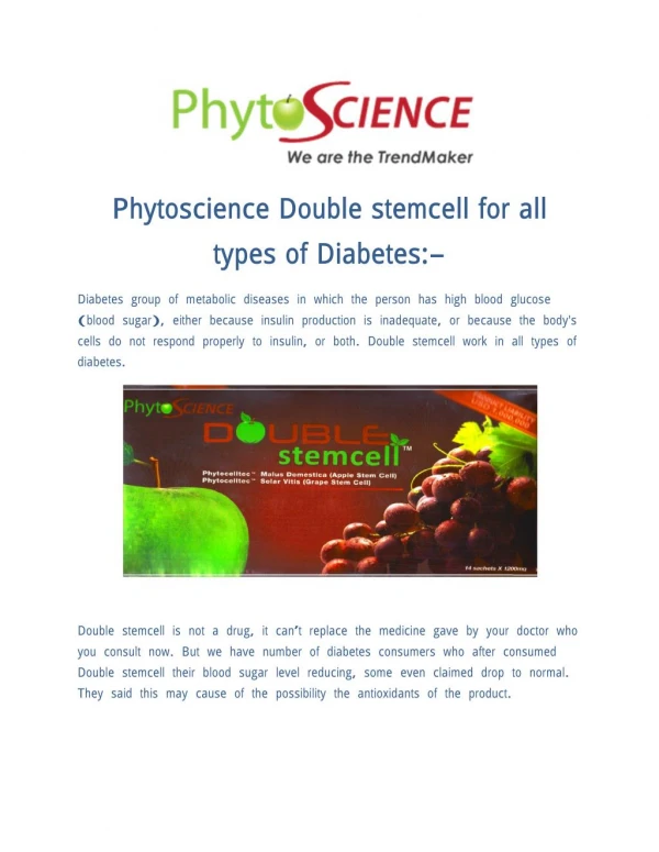 Phytoscience Double Stem Cell product for Diabetes