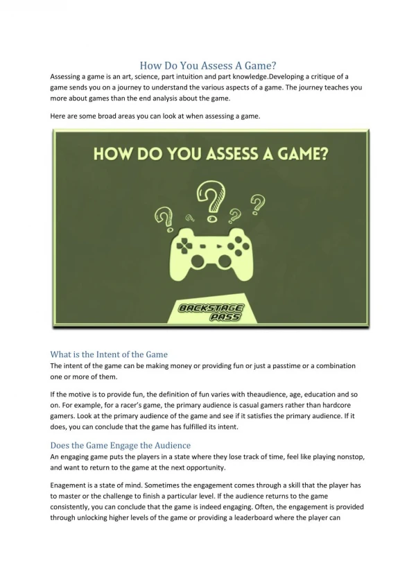 How Do You Assess A Game?