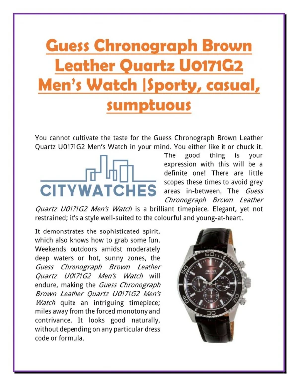 Guess Chronograph Brown Leather Quartz U0171G2 Men’s Watch |Sporty, casual, sumptuous