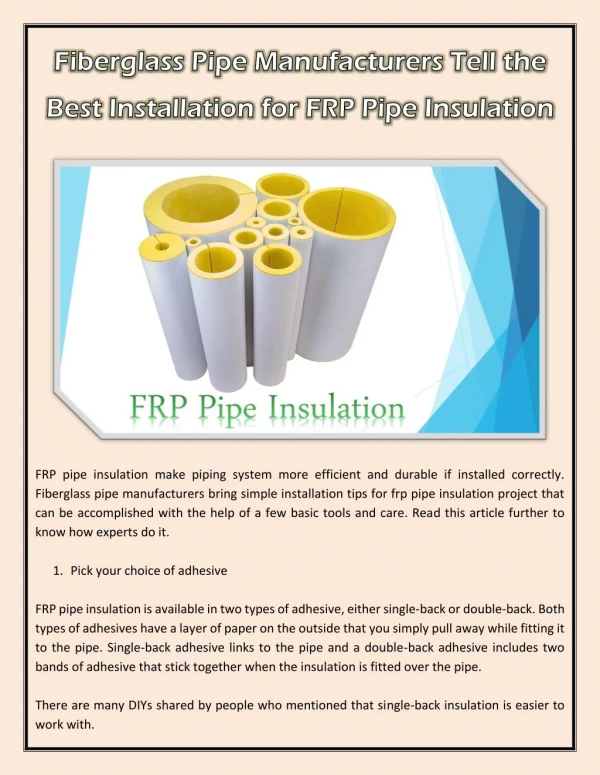 Fiberglass Pipe Manufacturers Tell the Best Installation for FRP Pipe Insulation
