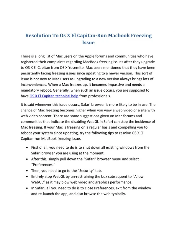 Resolution To Os X El Capitan-Run Macbook Freezing Issue
