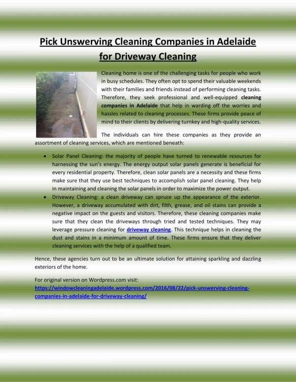 Pick Unswerving Cleaning Companies in Adelaide for Driveway Cleaning