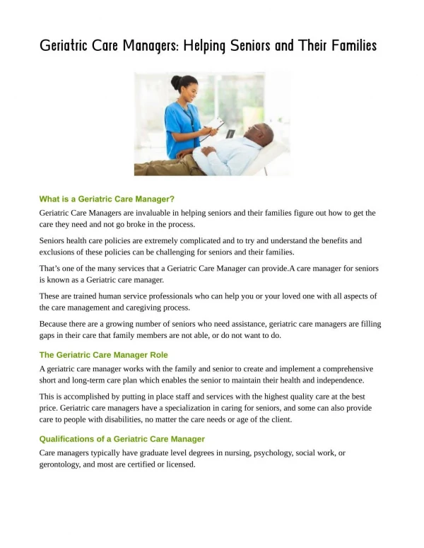 Geriatric Care Managers: Helping Seniors and Their Families