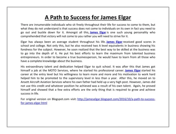 A Path to Success for James Elgar
