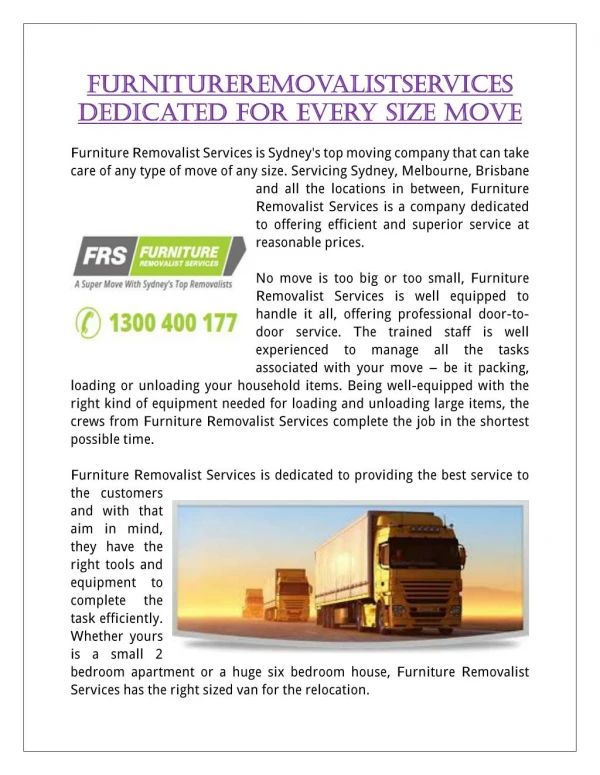 FurnitureRemovalistServices Dedicated For Every Size Move
