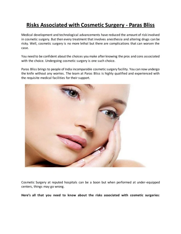 Risks Associated with Cosmetic Surgery - Paras Bliss