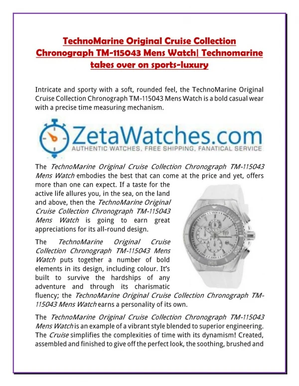 TechnoMarine Original Cruise Collection Chronograph TM-115043 Mens Watch| Technomarine takes over on sports-luxury