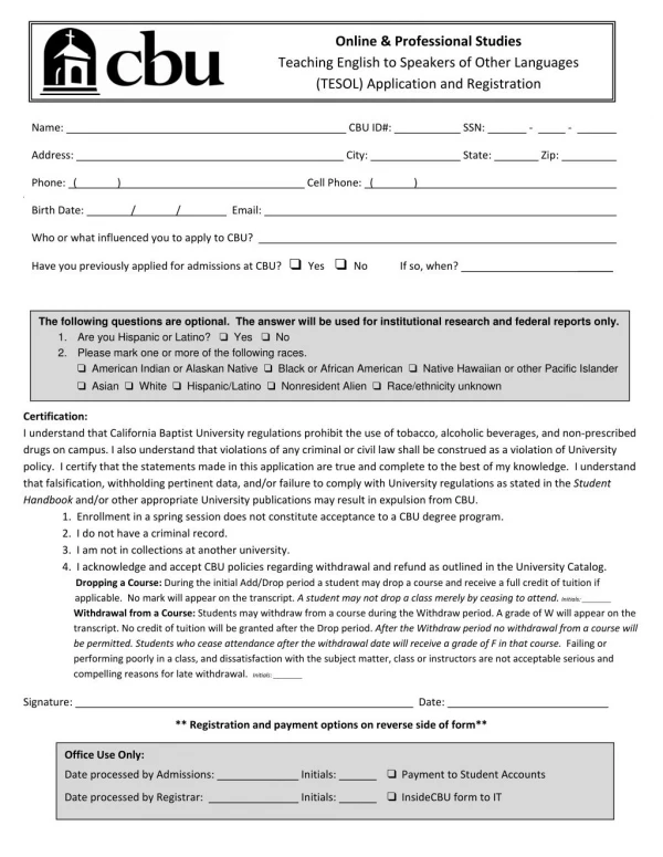 Tesol Application and Registration Form Online