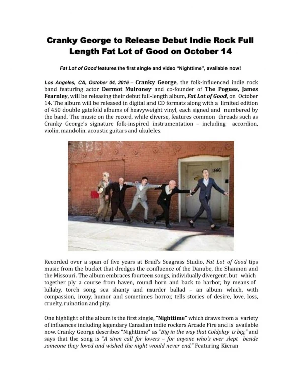 Cranky George to Release Debut Indie Rock Full Length Fat Lot of Good on October 14