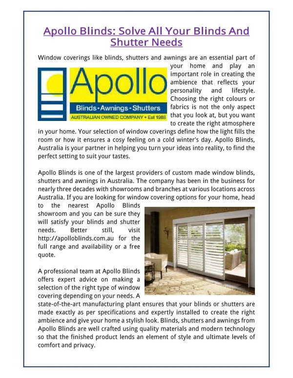 Apollo Blinds: Solve All Your Blinds And Shutter Needs