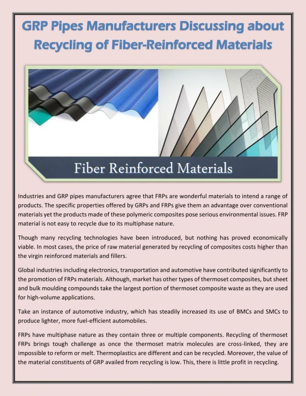 GRP Pipes Manufacturers Discussing about Recycling of Fiber-Reinforced Materials