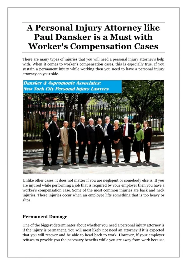 A Personal Injury Attorney like Paul Dansker is a Must with Worker's Compensation Cases