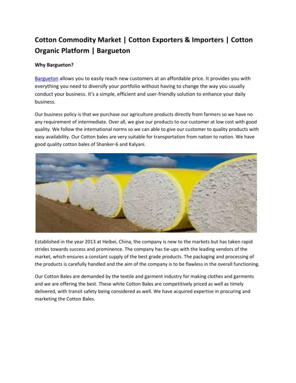 Cotton Commodity Market | Cotton Exporters & Importers | Cotton Organic Platform | Bargueton