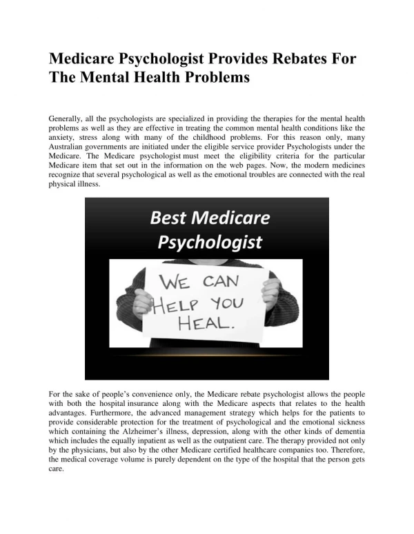 Medicare Psychologist Provides Rebates For The Mental Health Problems