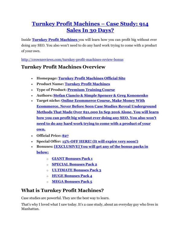 Turnkey Profit Machines review in detail – Turnkey Profit Machines Massive bonus
