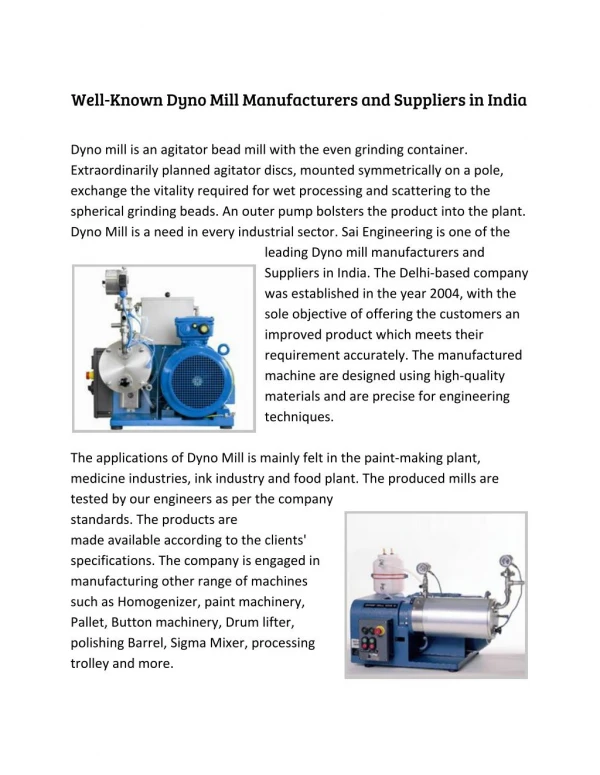 Well-Known Dyno Mill Manufacturers and Suppliers in India