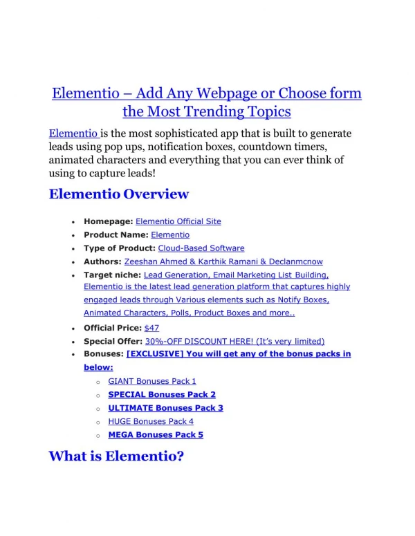 Elementio review in particular - Elementio bonus