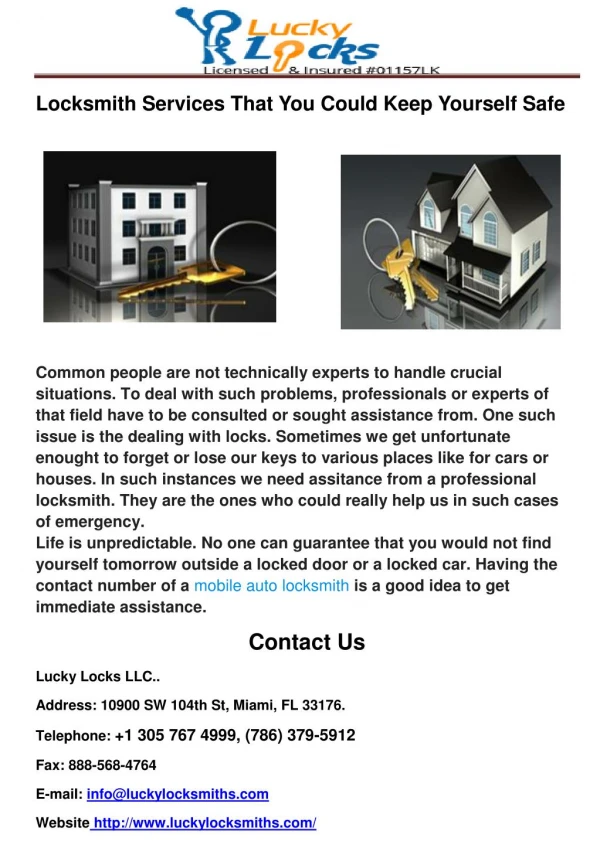 Locksmith Services That You Could Keep Yourself Safe