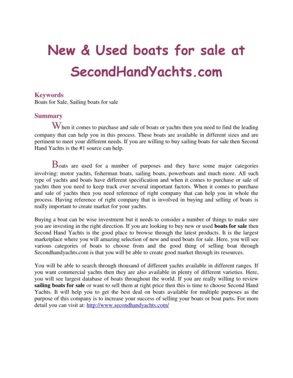 New & Used boats for sale at SecondHandYachts.com