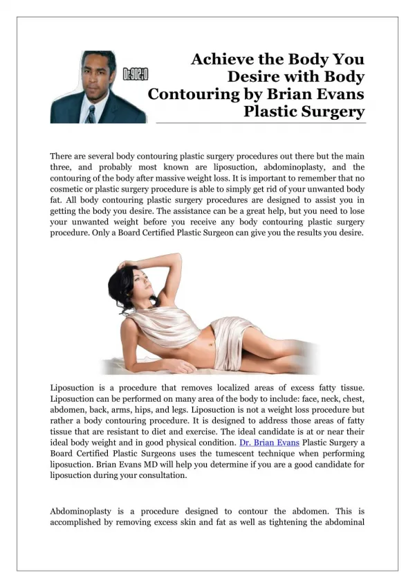 Achieve the Body You Desire with Body Contouring by Brian Evans Plastic Surgery