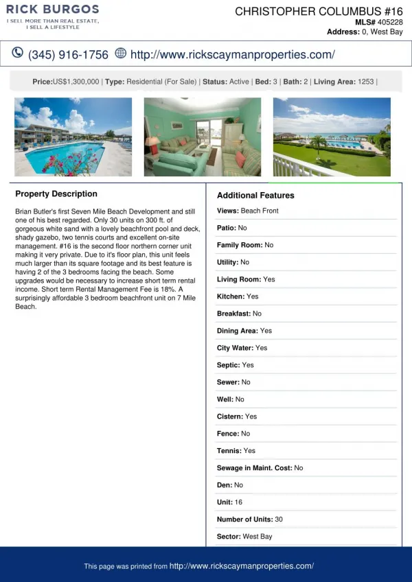CHRISTOPHER COLUMBUS #16 for Sale in West Bay - Cayman Residential Property