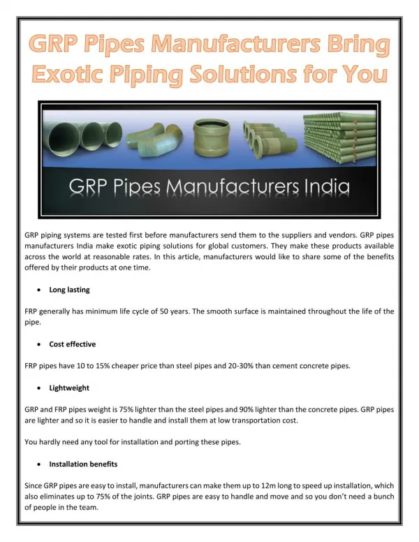 GRP Pipes Manufacturers Bring Exotic Piping Solutions for You