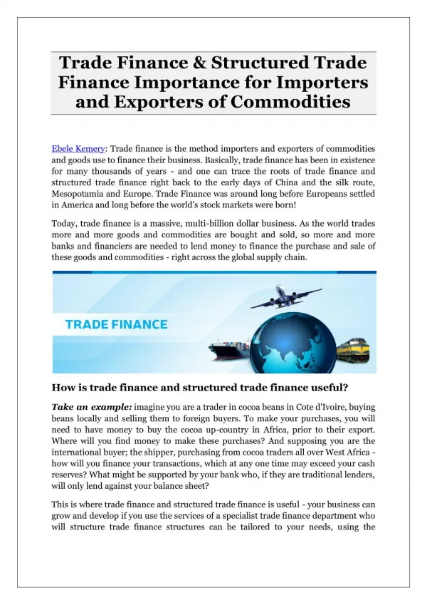 Trade Finance & Structured Trade Finance Importance for Importers and Exporters of Commodities