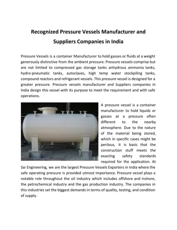Recognized Pressure Vessels Manufacturer and Suppliers Companies in India