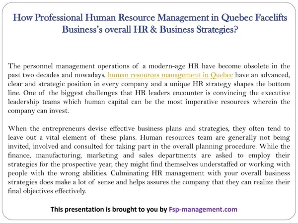 How Professional Human Resource Management in Quebec Facelifts Business’s overall HR & Business Strategies?