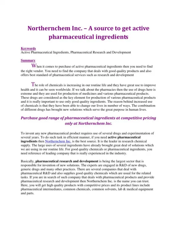 Northernchem Inc. – A source to get active pharmaceutical ingredients
