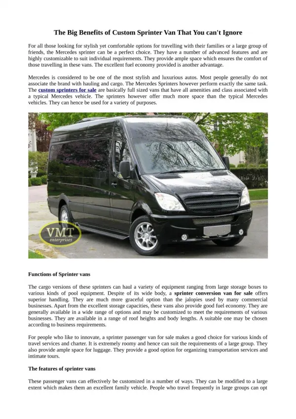 The Big Benefits of Custom Sprinter Van That You can't Ignore