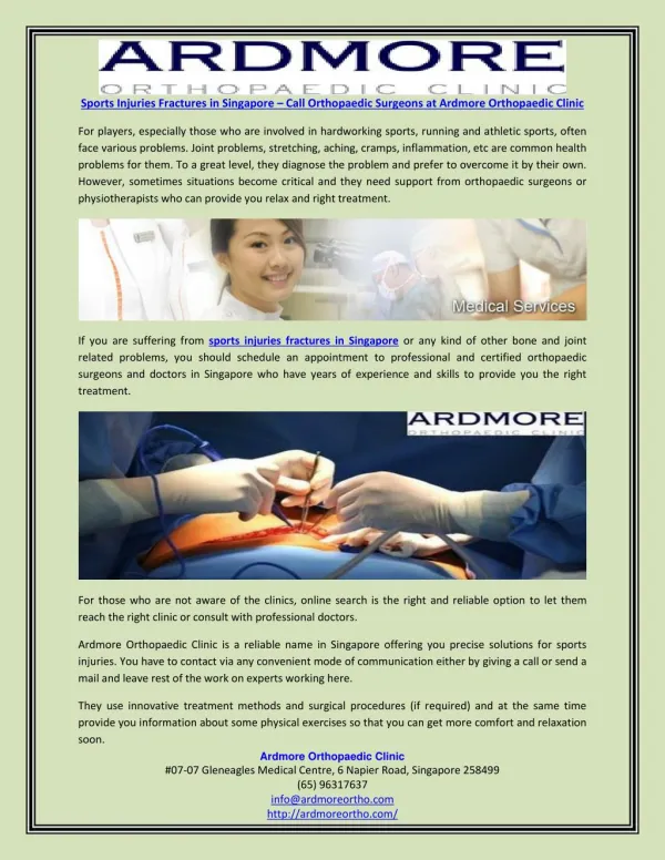 Sports Injuries Fractures in Singapore – Call Orthopaedic Surgeons at Ardmore Orthopaedic Clinic