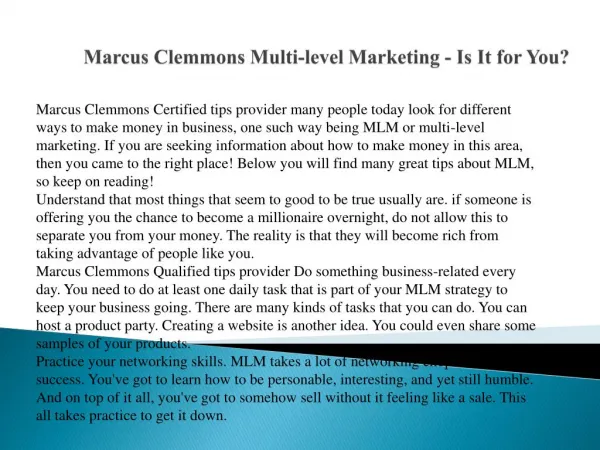 Marcus Clemmons Multi-level Marketing - Is It for You?