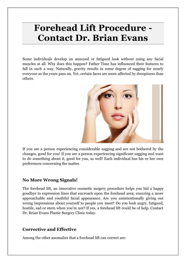 Forehead Lift Procedure - Contact Dr. Brian Evans