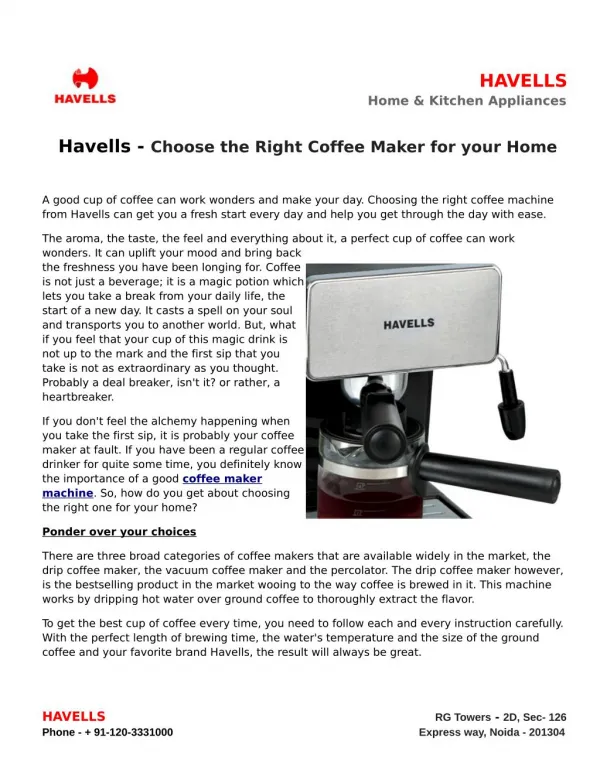 Havells Choose the Right Coffee Maker for your Home